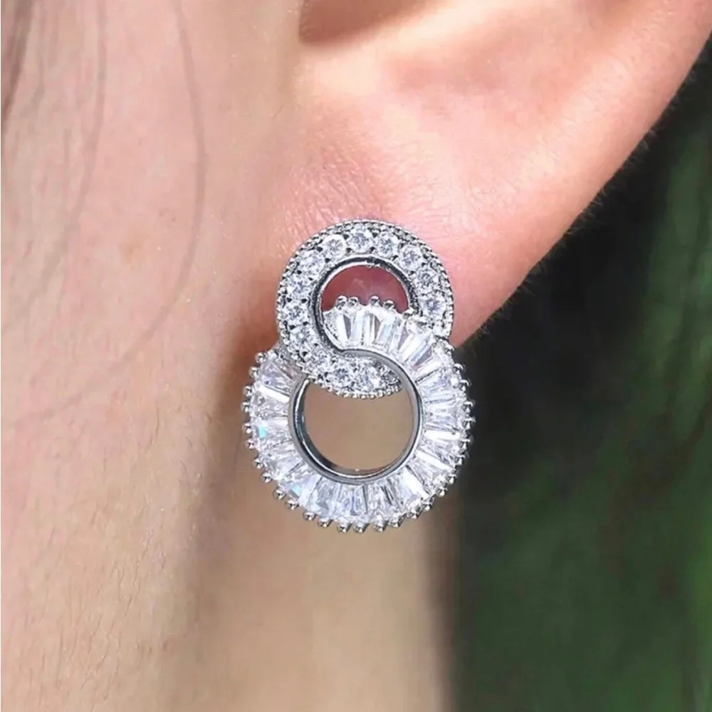 Classic Silver Double Circle Crystal Drop Earrings